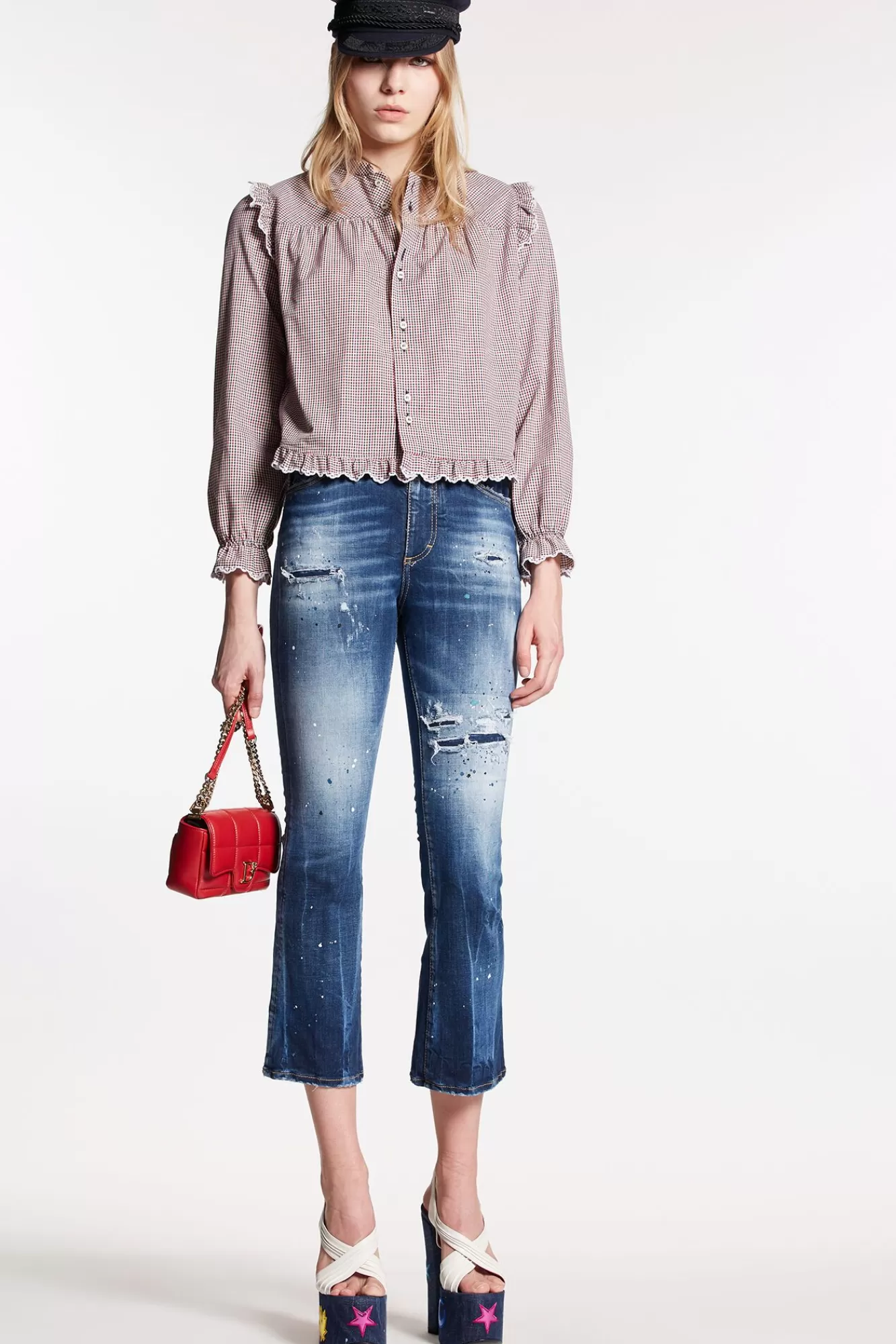 And White Spots Wash High Waist Bell Bottom Jeans<Dsquared2 Discount