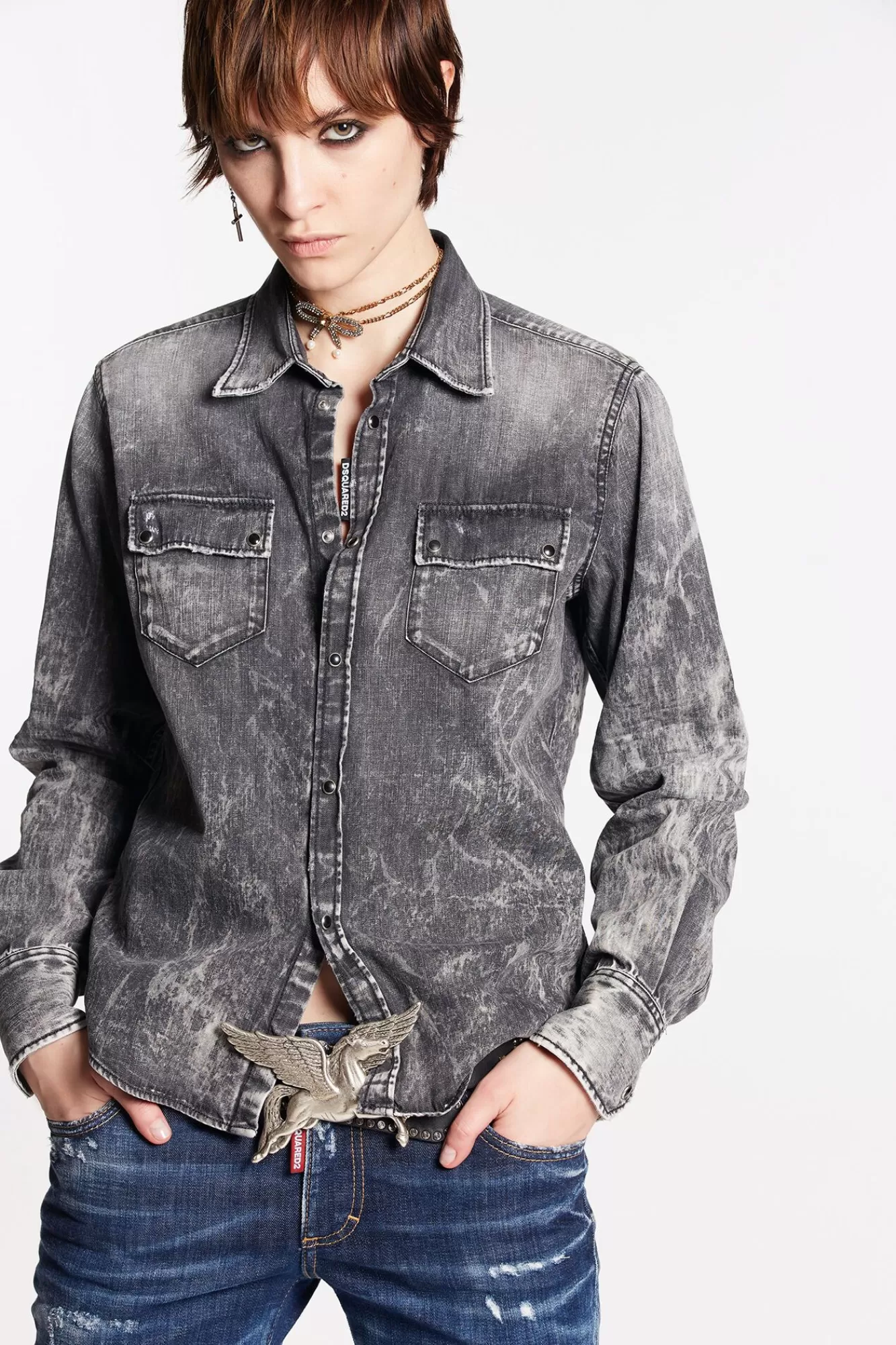 Grey Coal Wash Boxy Western Shirt<Dsquared2 Hot